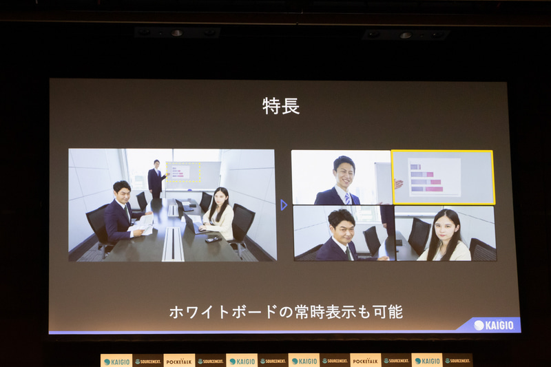 満面 KAIGIOは参加者の顔を常に表示することで雰囲気を伝えやすくする。ホワイトボードなどを常時表示することもできる
