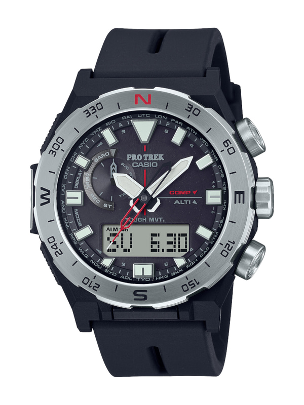 シルバーの回転ベゼルにアクセントとして秒針にレッドを用いたスポーティデザイン「PRW-6800-1JF」