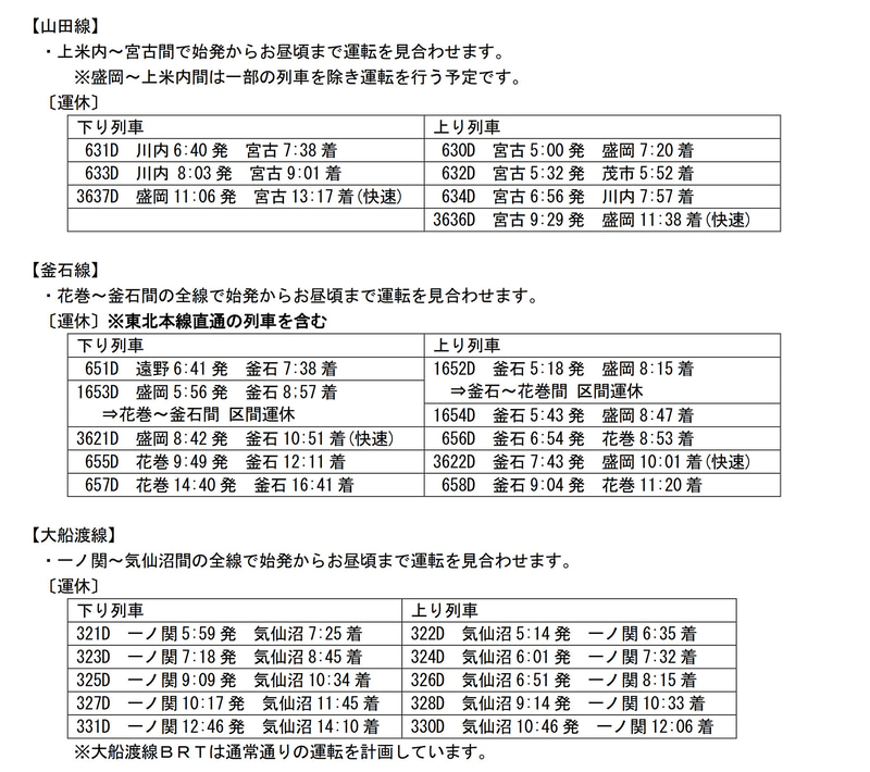 山田線、釜石線、大船渡線の7月28日運行計画