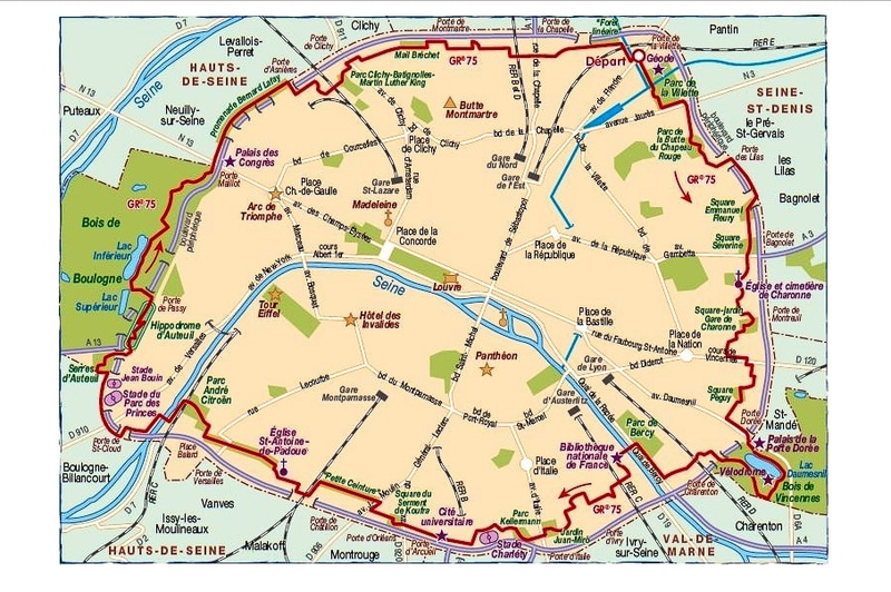 地図の赤線部分約50kmをたどるコースです（フランスハイキング連盟のサイトより）