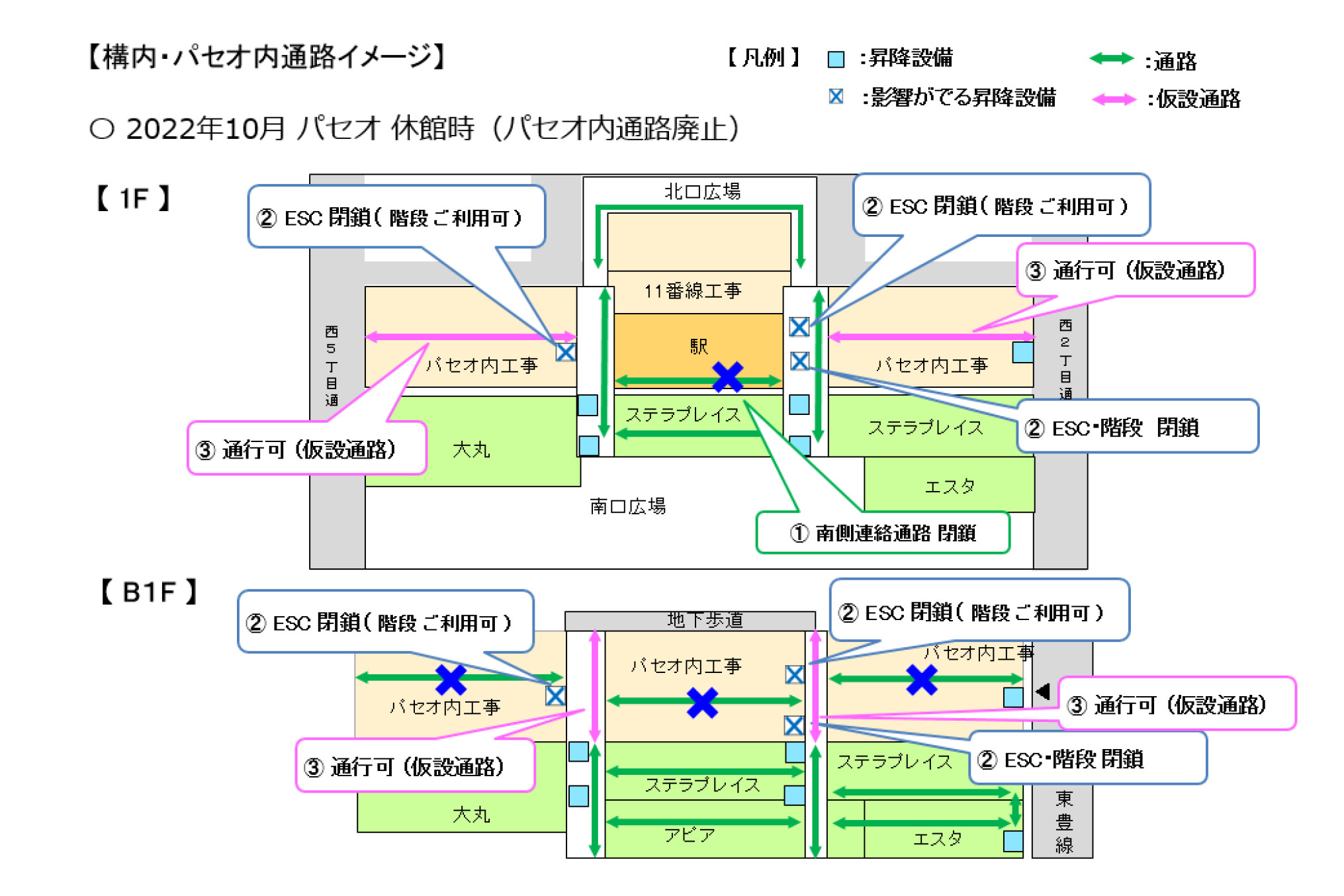 札幌駅構内、パセオの通路や昇降設備の利用停止について