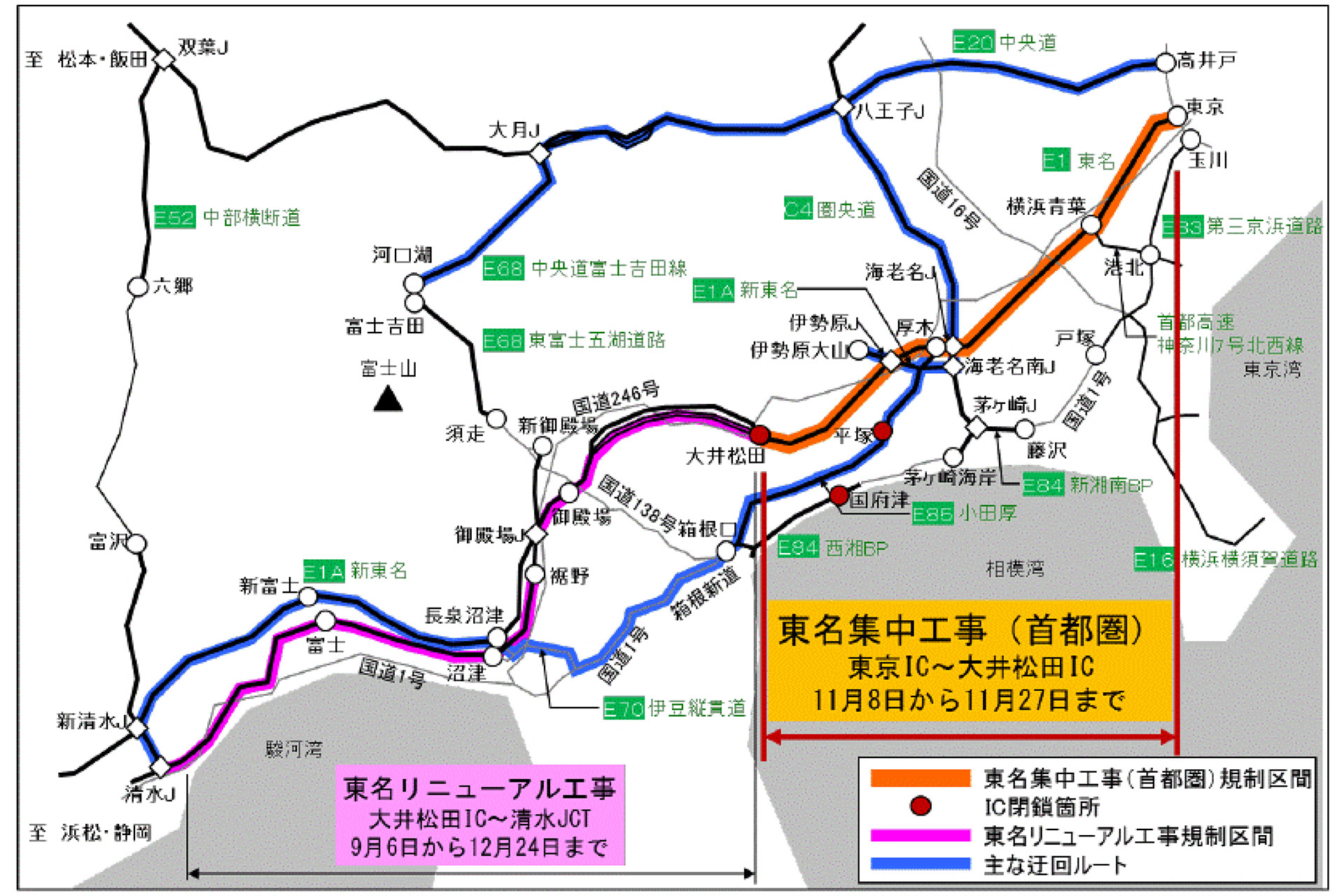 NEXCO中日本は東名 東京IC～大井松田ICで昼夜連続・車線規制を伴う集中工事を、11月8日から実施する