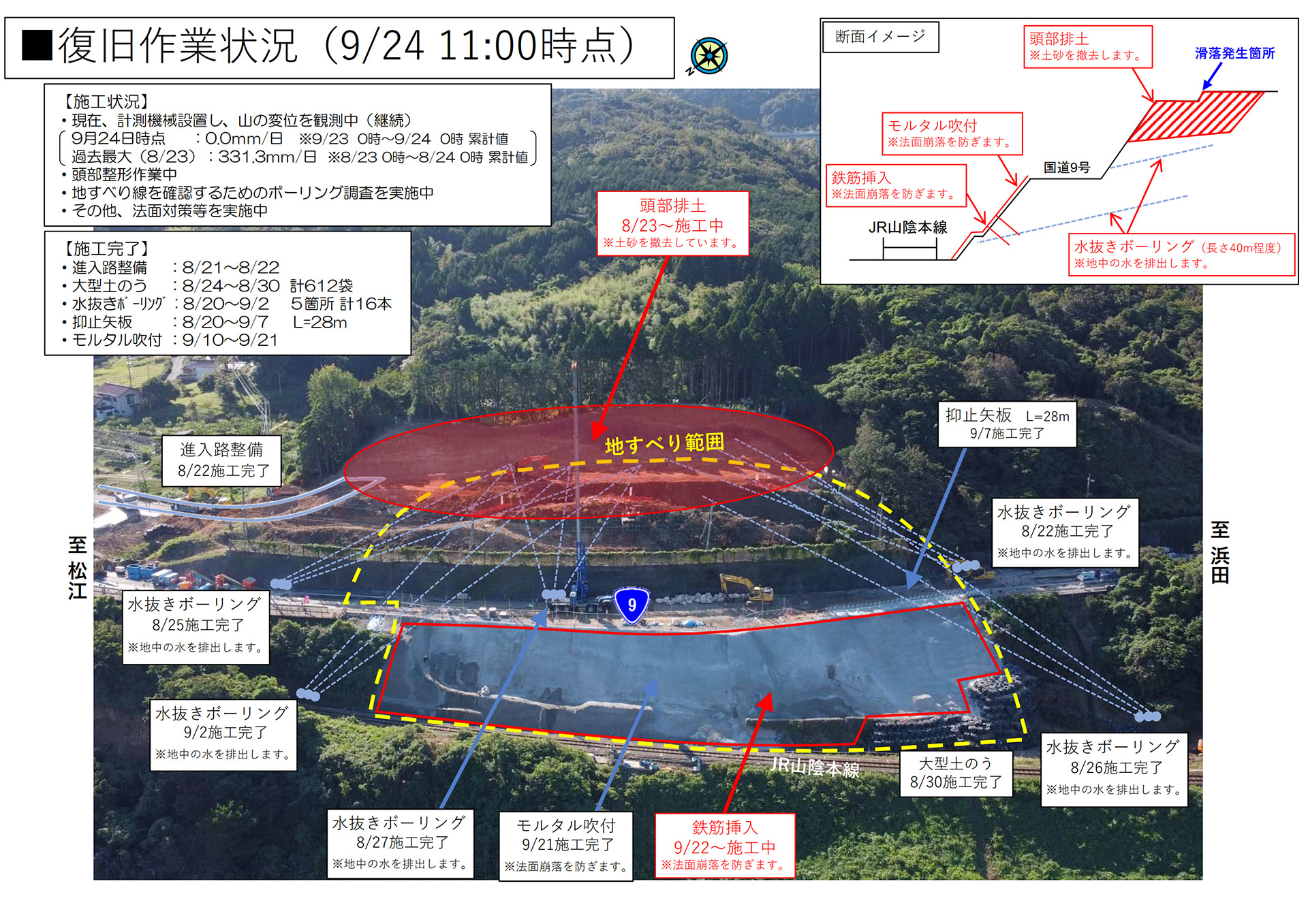 JR山陰本線 江南～田儀が10月2日、国道9号が10月中旬に復旧の見込み