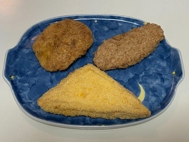 左から時計回りにかぼちゃコロッケ、コーンコロッケ、チーズはんぺんフライ