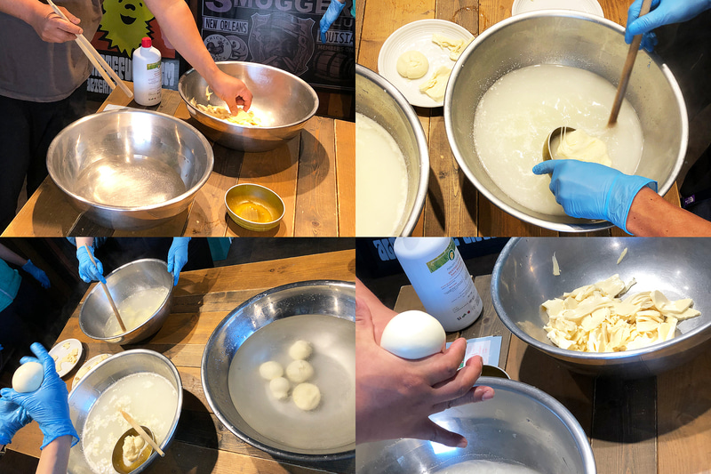 チーズになる一歩手前の工程でできる「チーズカード」を熱湯のなかで練る「ストレッチ」という工程を体験できます