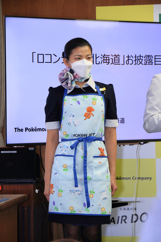 オリジナルエプロンと3種類のヘッドレストカバー。エプロンは機内販売も予定している