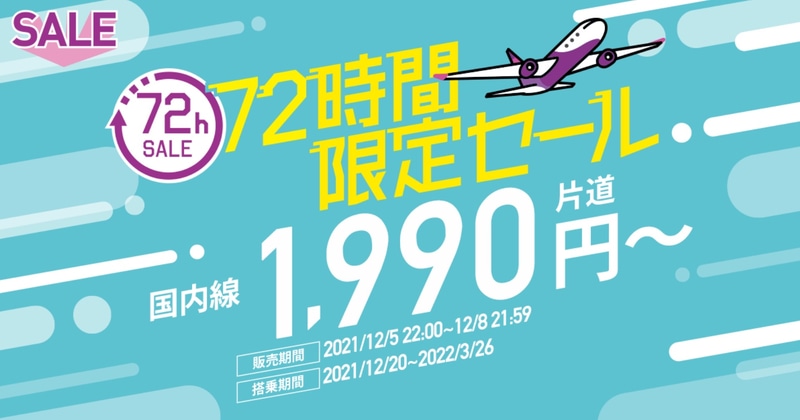 ピーチは国内全33路線が片道1990円～となる「72時間限定セール」を実施している