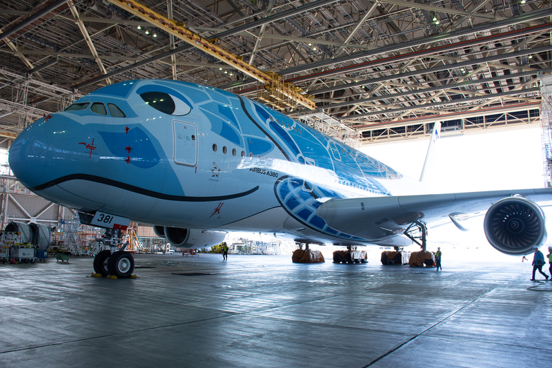 格納庫で洗われるのを待つA380型機