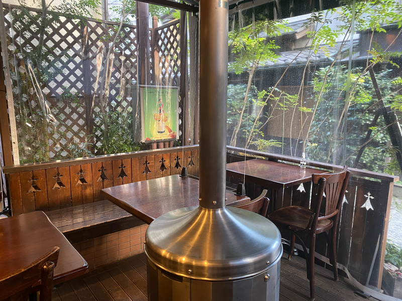 神楽坂ル・ブルターニュ。外のテラス席にはパラソルヒーターあり