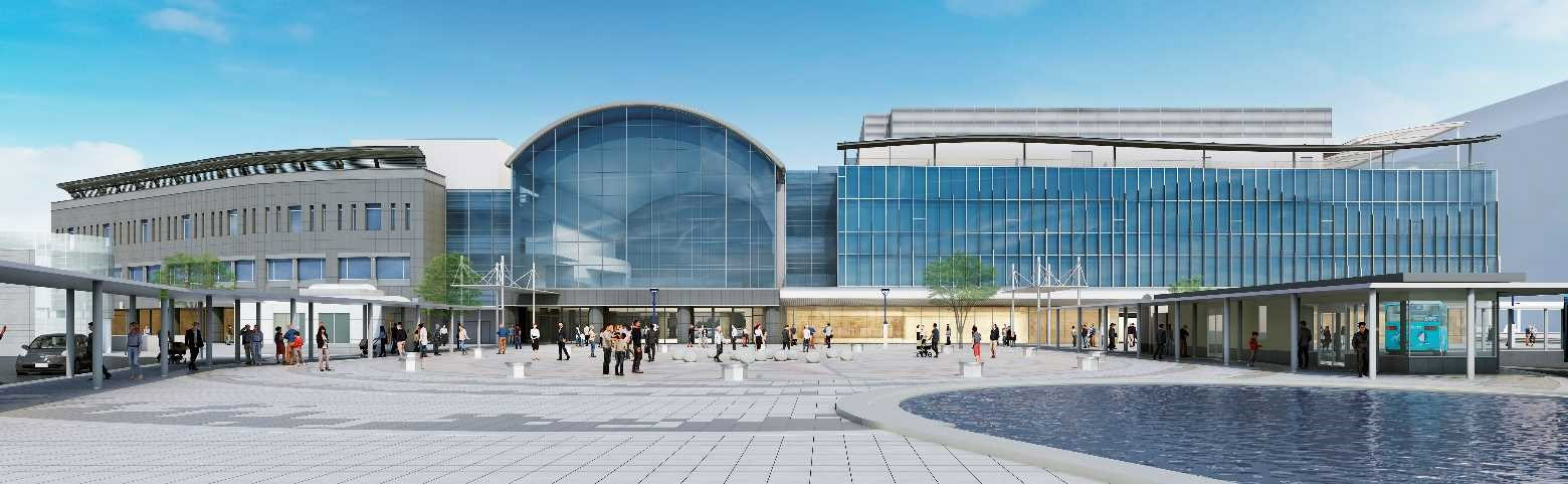 JR四国は、2023年度下期開業を予定している「高松駅ビル（仮称）」の外観デザインを決定した。画像は駅前広場側のイメージ