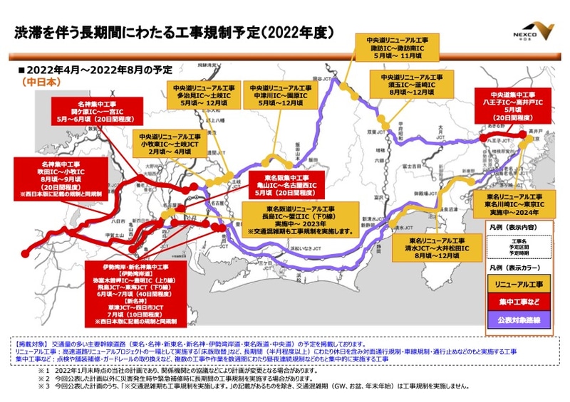 2022年度工事規制予定 中日本