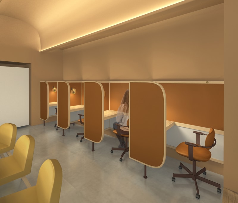 併設されたワークブースで仕事も可能