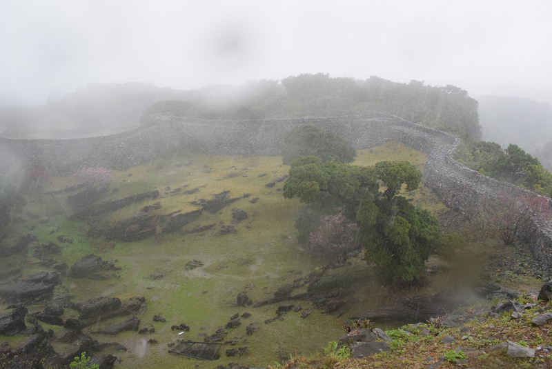 城跡の上方の郭跡より下方を望む。雨天のため写真がぼやけているのはご容赦を