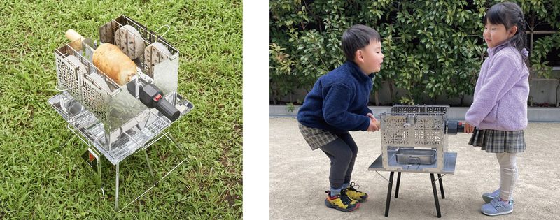 本体中心にセットした調理バーに生地をかけて焼く工程を繰り返しバウムクーヘンを作ることが可能