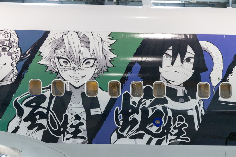 塗装ではなく、片側60枚、両側合わせて120枚のデカールを貼り付けて表現している。1枚あたりのサイズは上段が約1×1.8m、下段が約1×1.1mのサイズ。全体では32×3mで「『鬼滅の刃』じぇっと -壱-」と同じ仕様だ（いずれも幅×高さ）