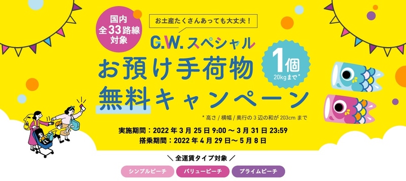 ピーチは「GWスペシャル！お預け手荷物1個無料キャンペーン」を実施している