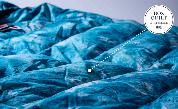 ダウンの片寄りを防ぎ、軽さをつくるボックスキルト構造