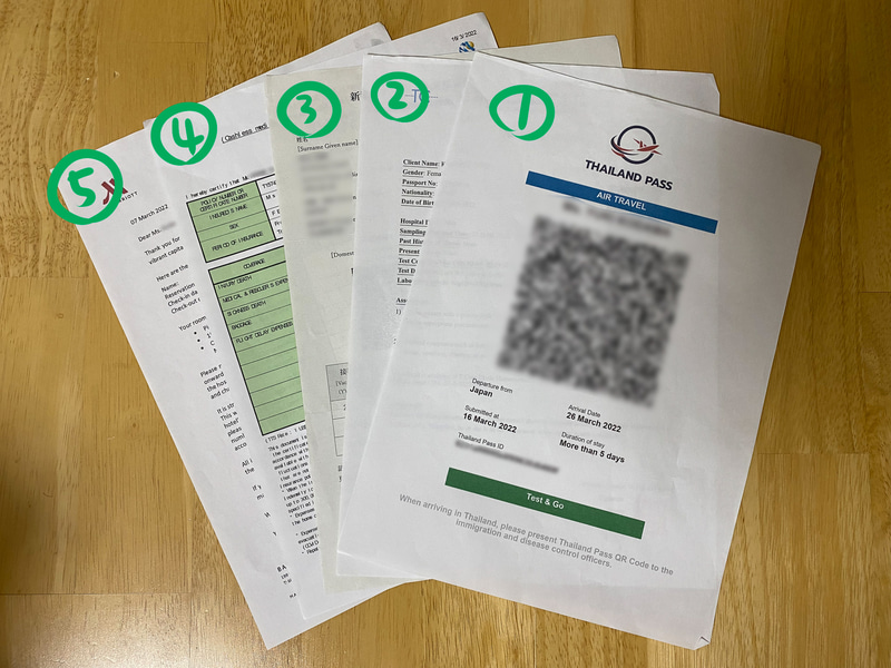 ①Thailand Pass、②陰性証明書、③ワクチン接種証明書、④医療保険証、⑤ホテル予約表の5枚。万一紛失したときのために、私はまったく同じものをもう1セット用意していきました