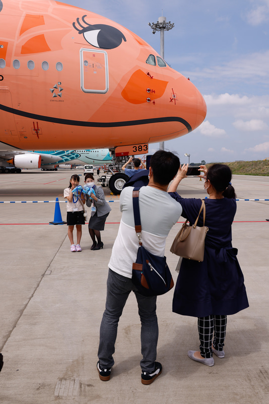 ここでも成田空港駅と同様に、ANAのCAさんを交えて記念撮影する場面が多くみられた