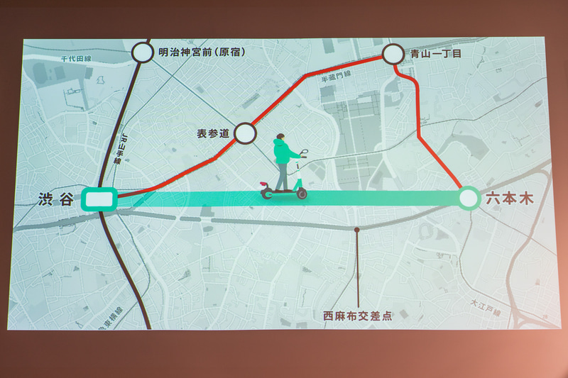 電車だと乗り換えしないといけないところ、LUUPなら渋谷～六本木移動ルートは一直線