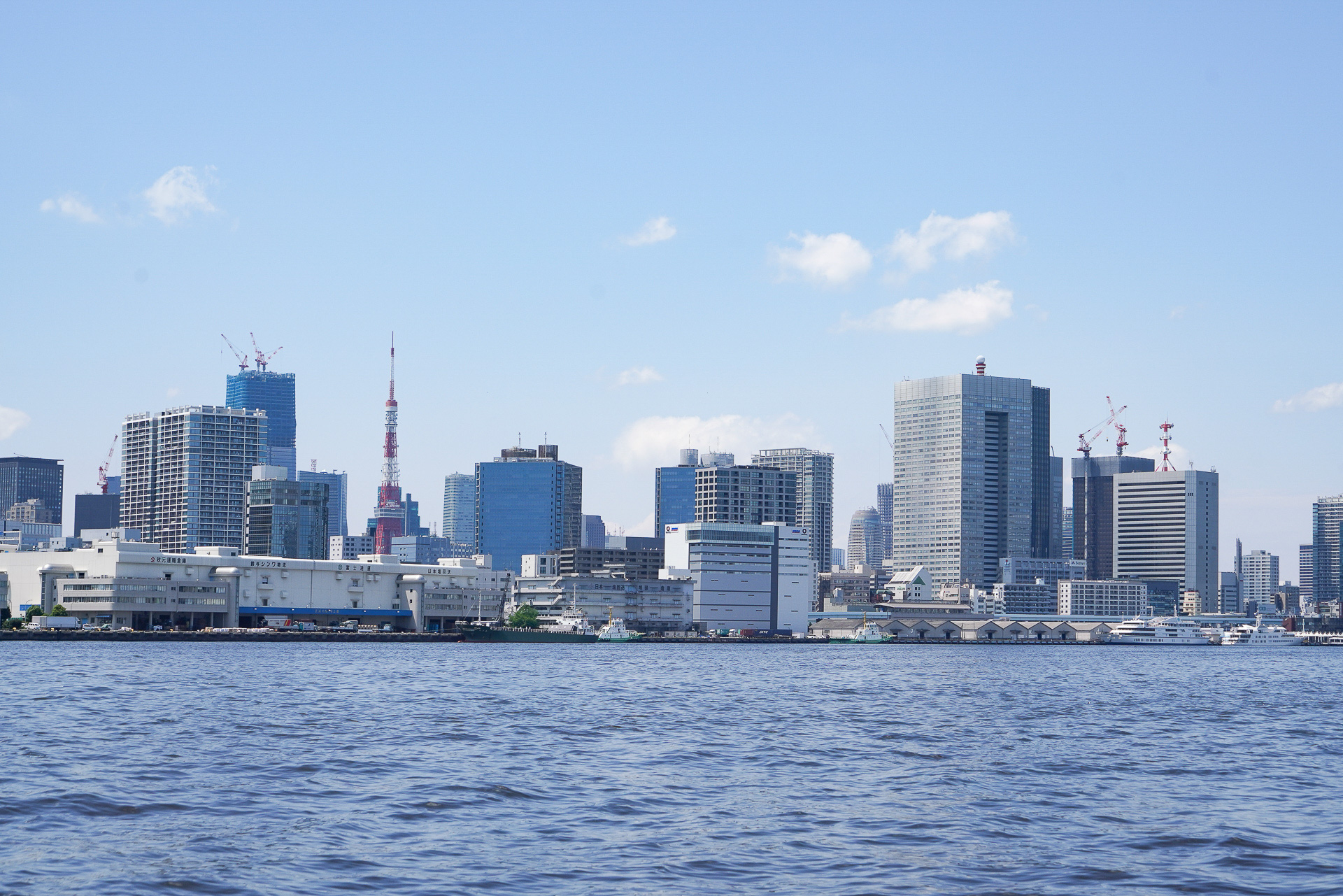 東京湾側から見た芝浦プロジェクト。内陸側に東京タワーも近い