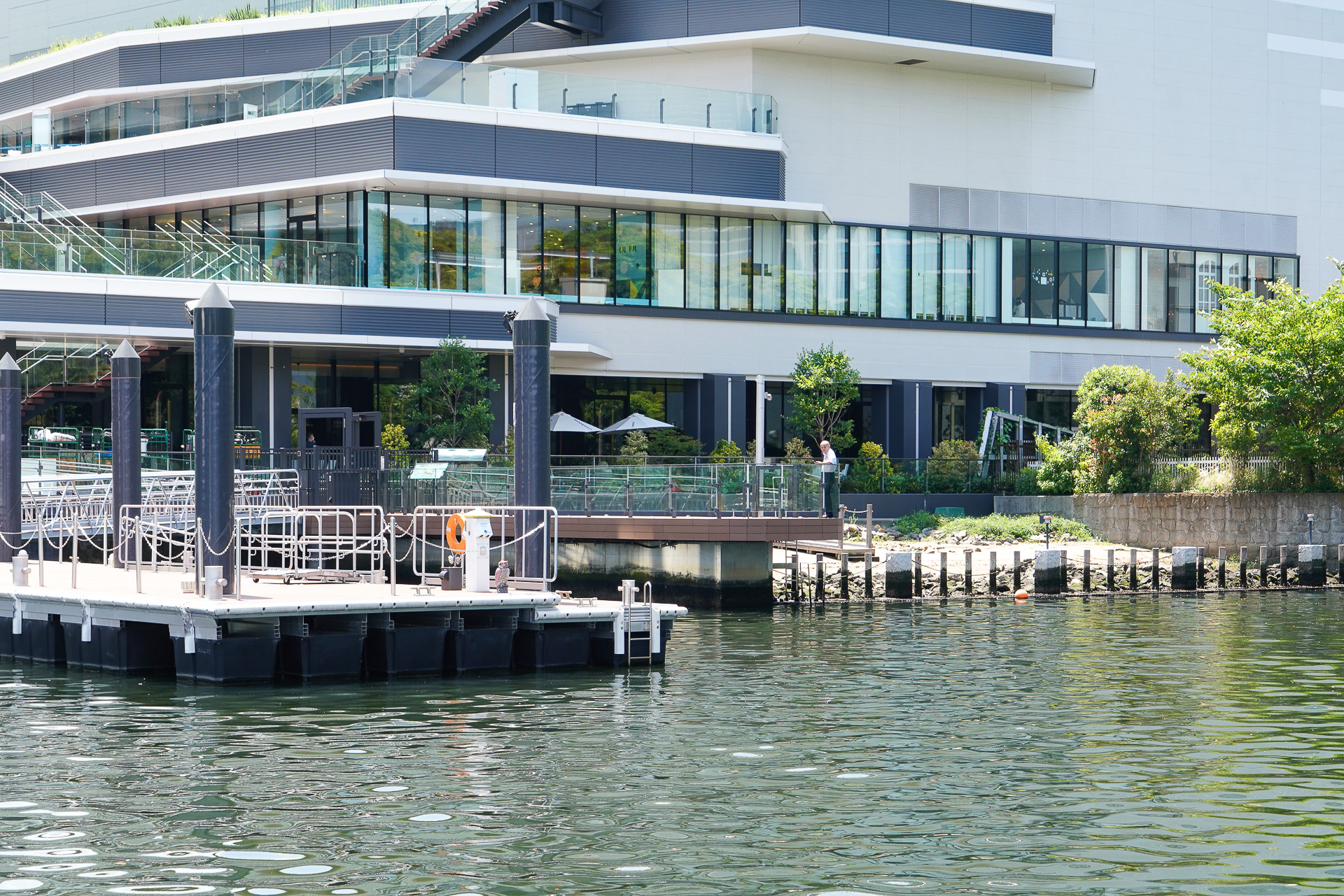 桟橋と小さな人工干潟がある