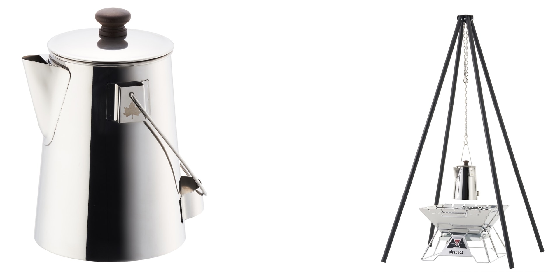 ロゴスは吊るして使えるステンレス製ケトル「たき火ハングケトル2L」を発売した