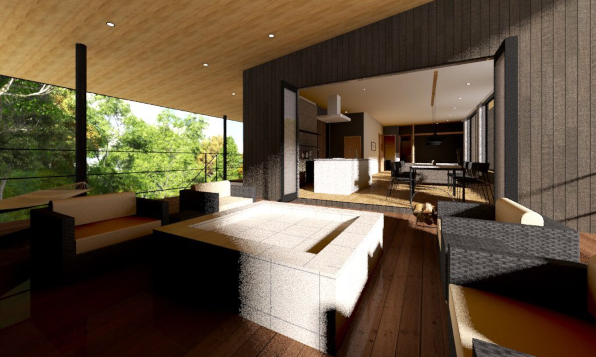 カフェには雨でも安心な屋根付きテラスがある