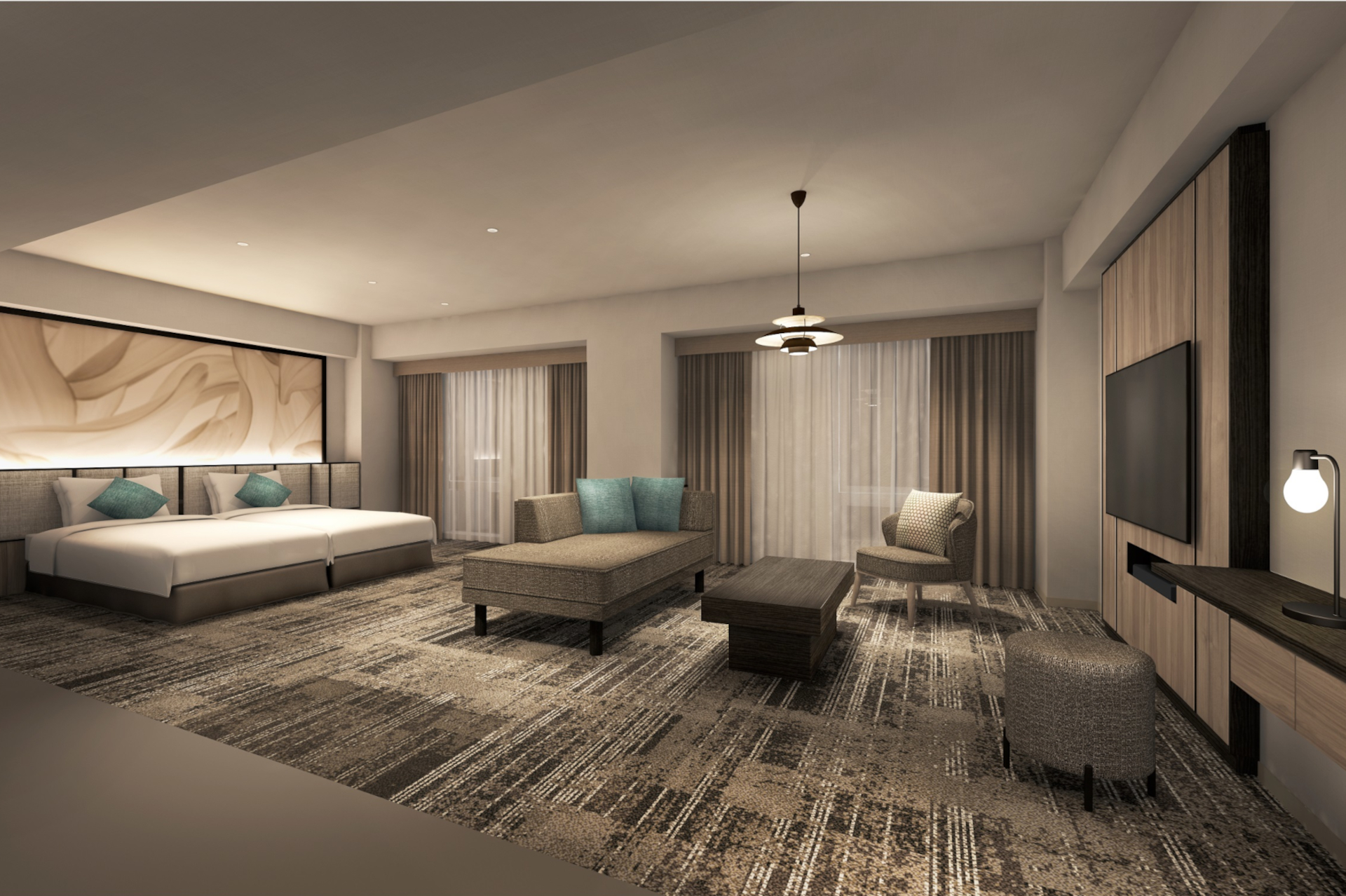 「プレミアツインルーム」にはシモンズ社製ベッドを2台設け、定員は最大5名