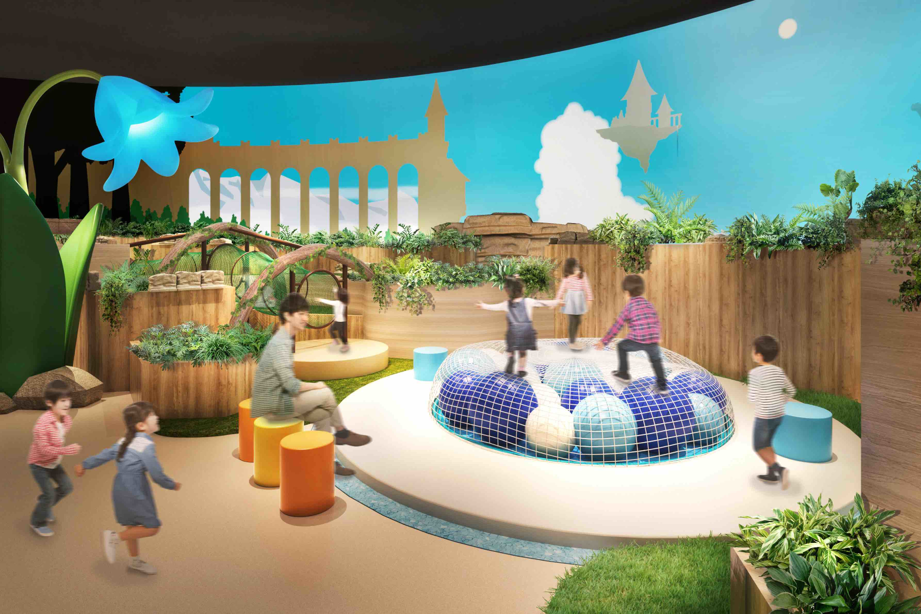 奥から木の根のトンネル、森の木の葉ホッピング