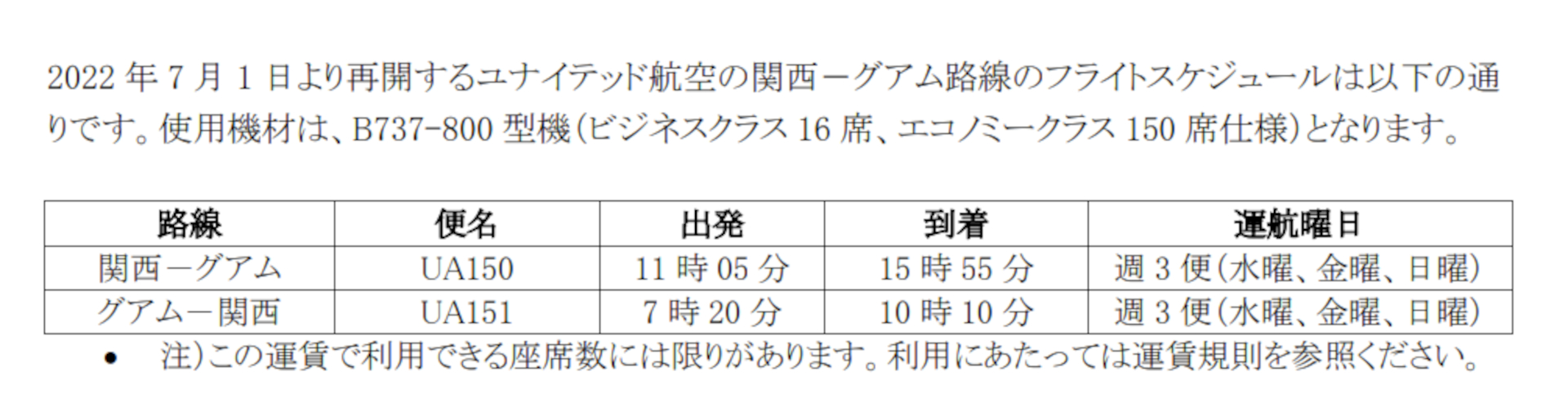 関西～グアム線のフライトスケジュール（7月1日～）