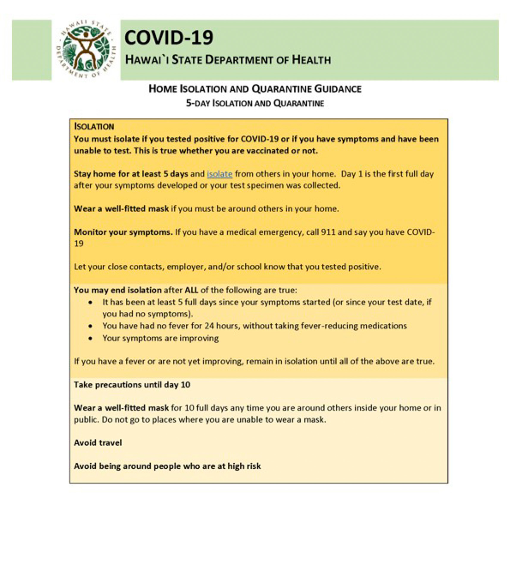 ハワイ州保健局（DOH）による「家庭内隔離と検疫のガイダンス -5日間の隔離と検疫-」