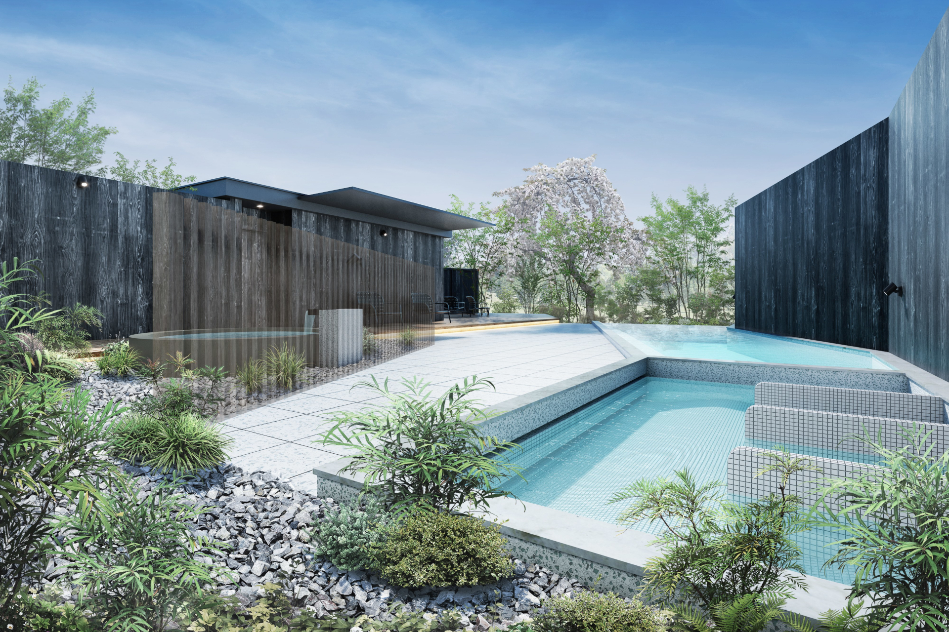 月をイメージした露天風呂や大浴場が備わる