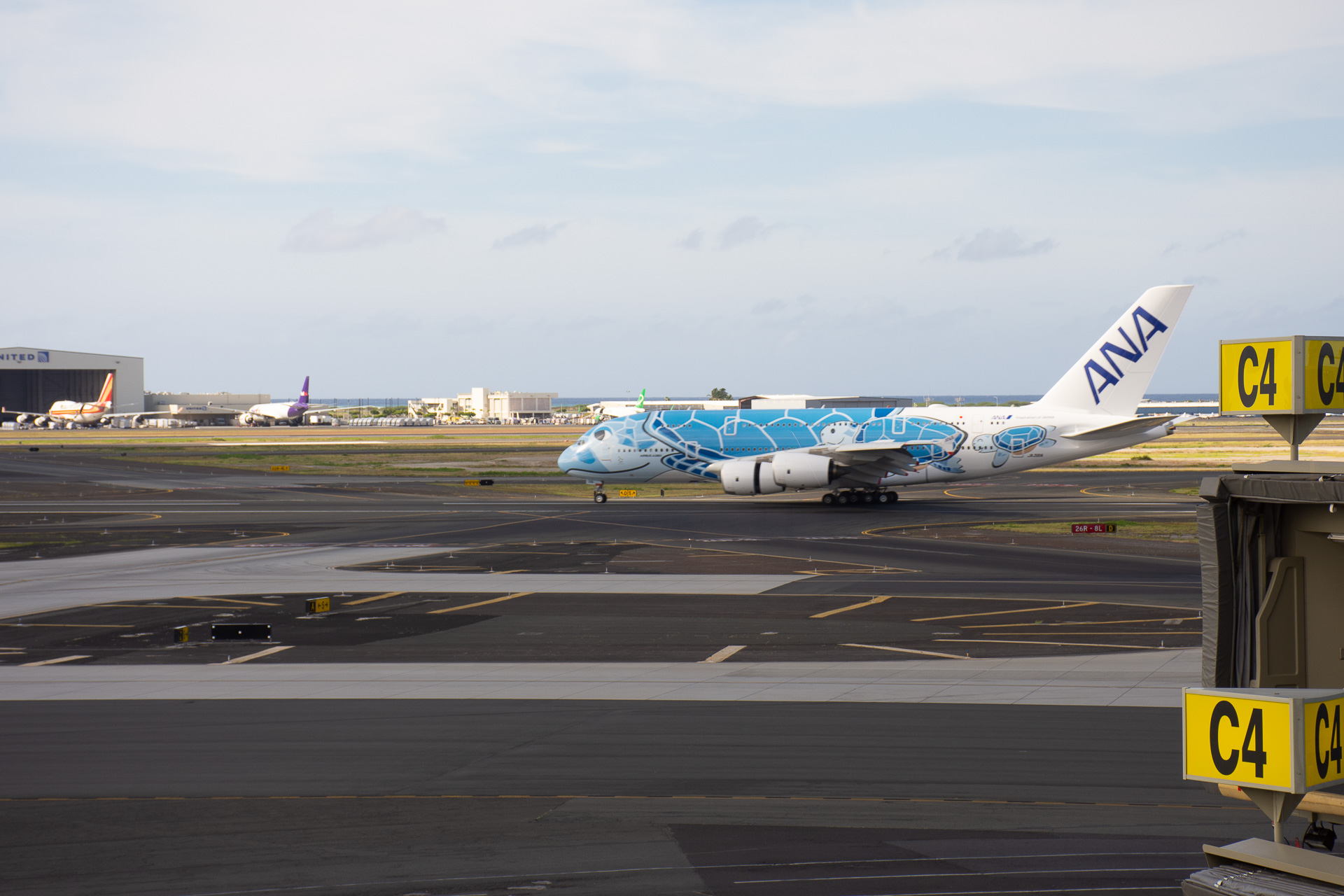 ホノルルへ到着したNH184便。ダイヤモンドヘッドやワイキキの市街を背にスポットインしてくる