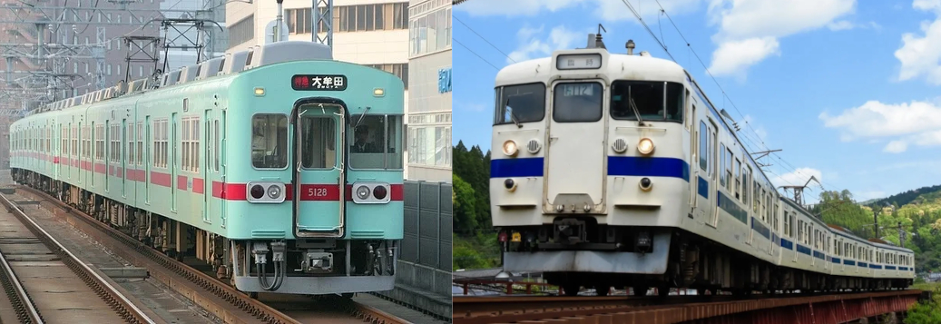 西鉄5000形（左）とJR九州415系（右）