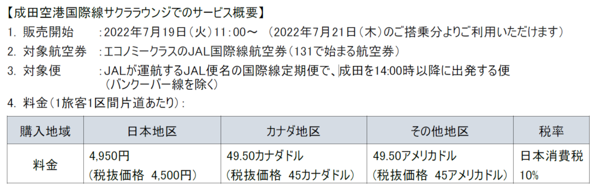 「成田空港国際線サクララウンジ」サービス概要