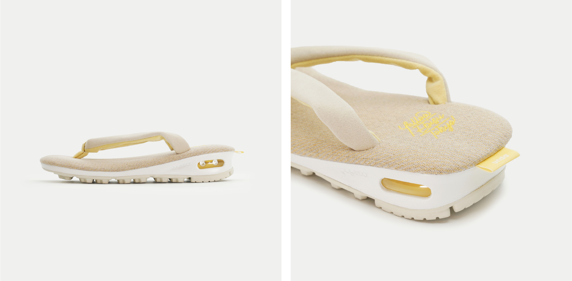 「unda-CABIN-」のフットベッドは、リネンと和紙とナイロンを丁寧に織り込んだ高耐久の生地を採用。鼻緒には自動車のシートなどにも使用される肌触りのよいウルトラスエードを採用するなど、機能性と高級感を両立している