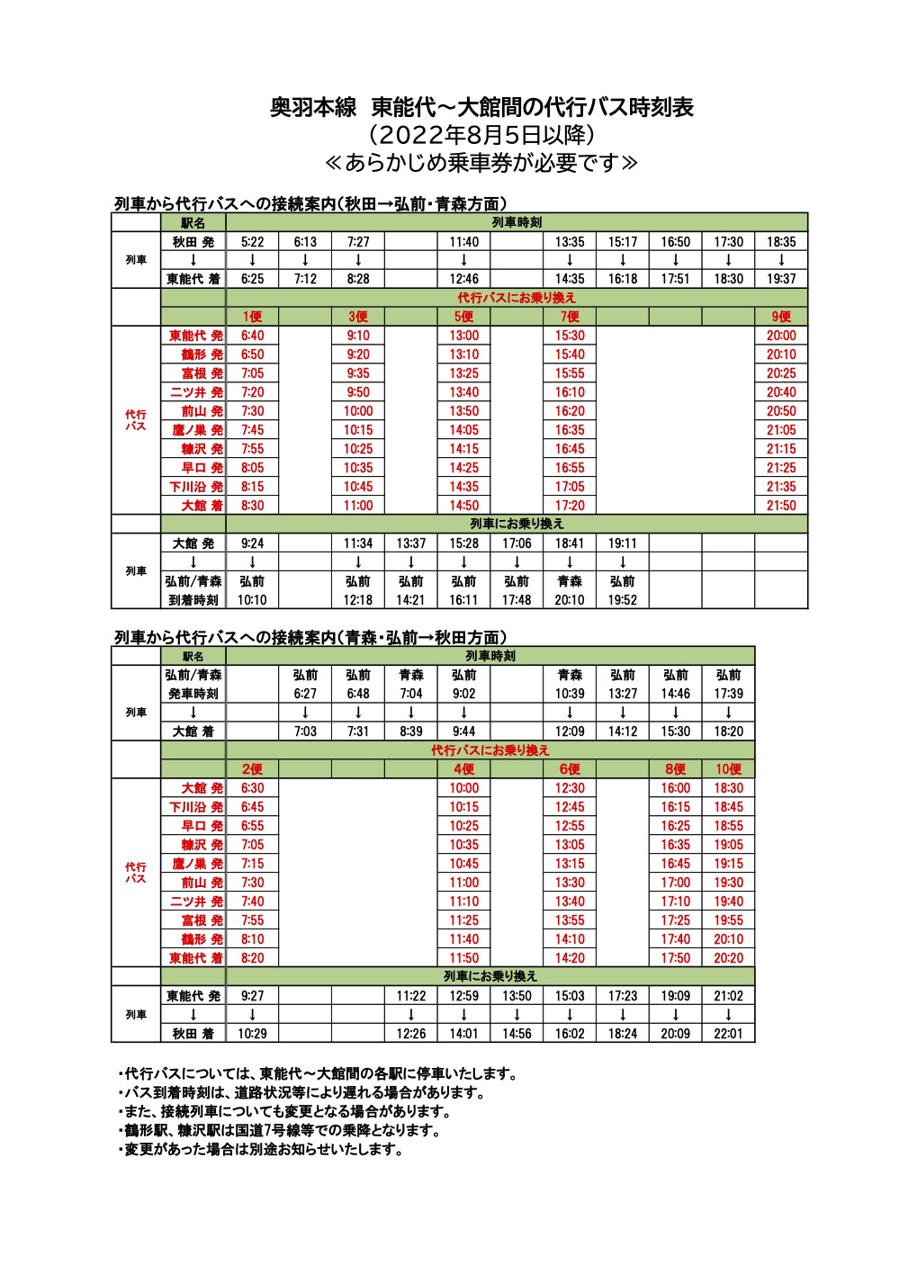 奥羽本線 東能代駅～大館駅間 代行バス時刻表