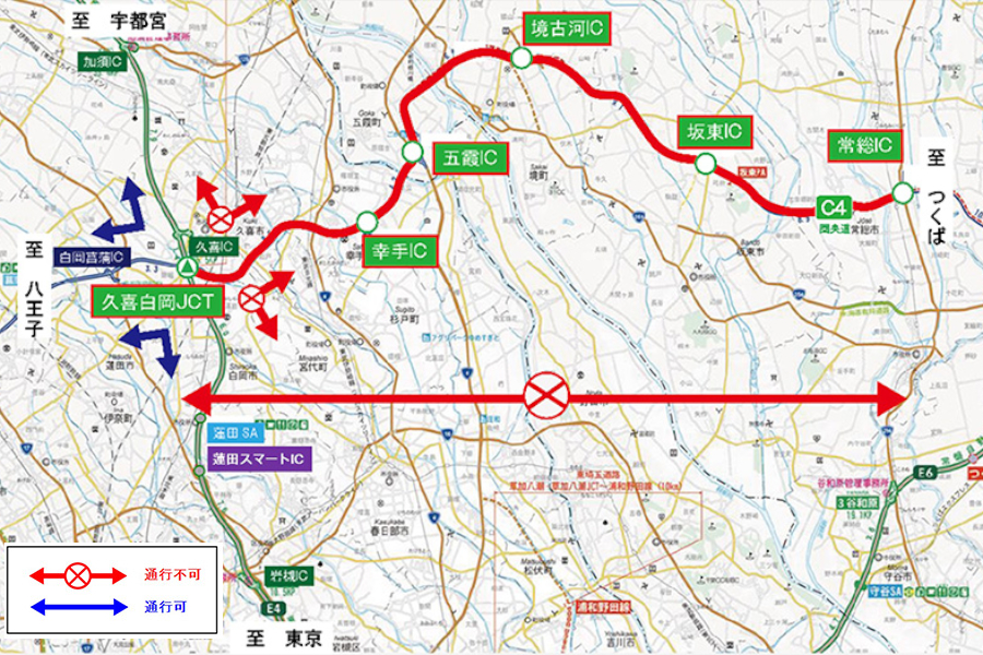 NEXCO東日本は圏央道（内外回り）久喜白岡JCT～常総IC間で夜間通行止めを実施する