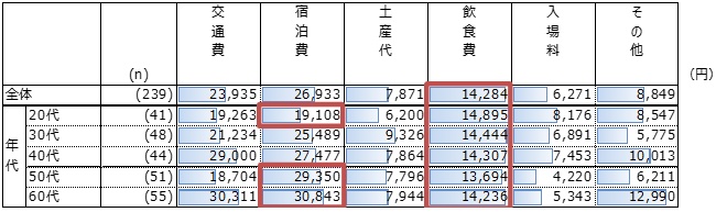 「宿泊を伴う国内旅行」の各項目ごとの年代別平均支出額