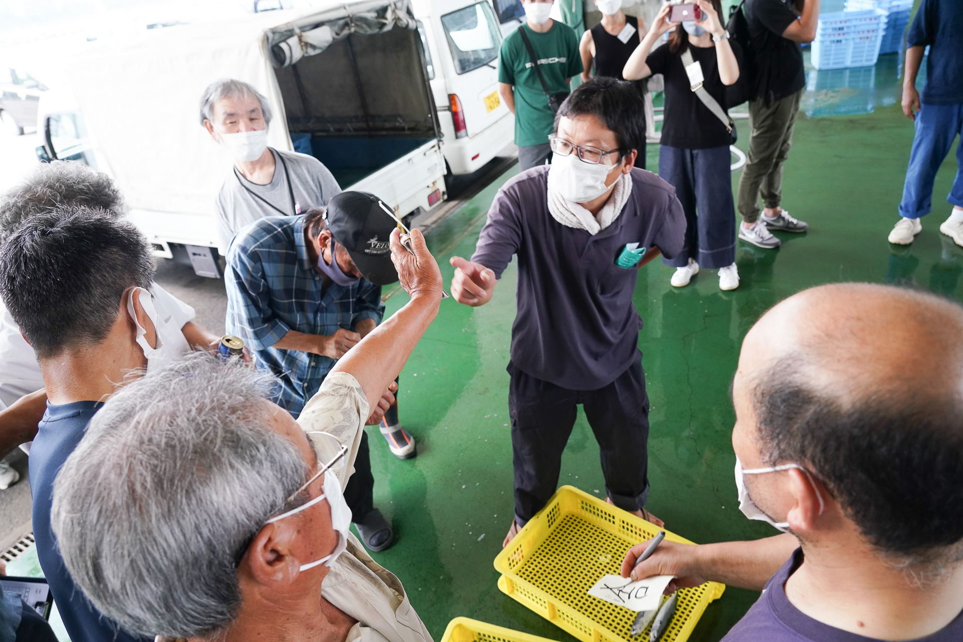 模擬競りが始まった。入札も多く本格的