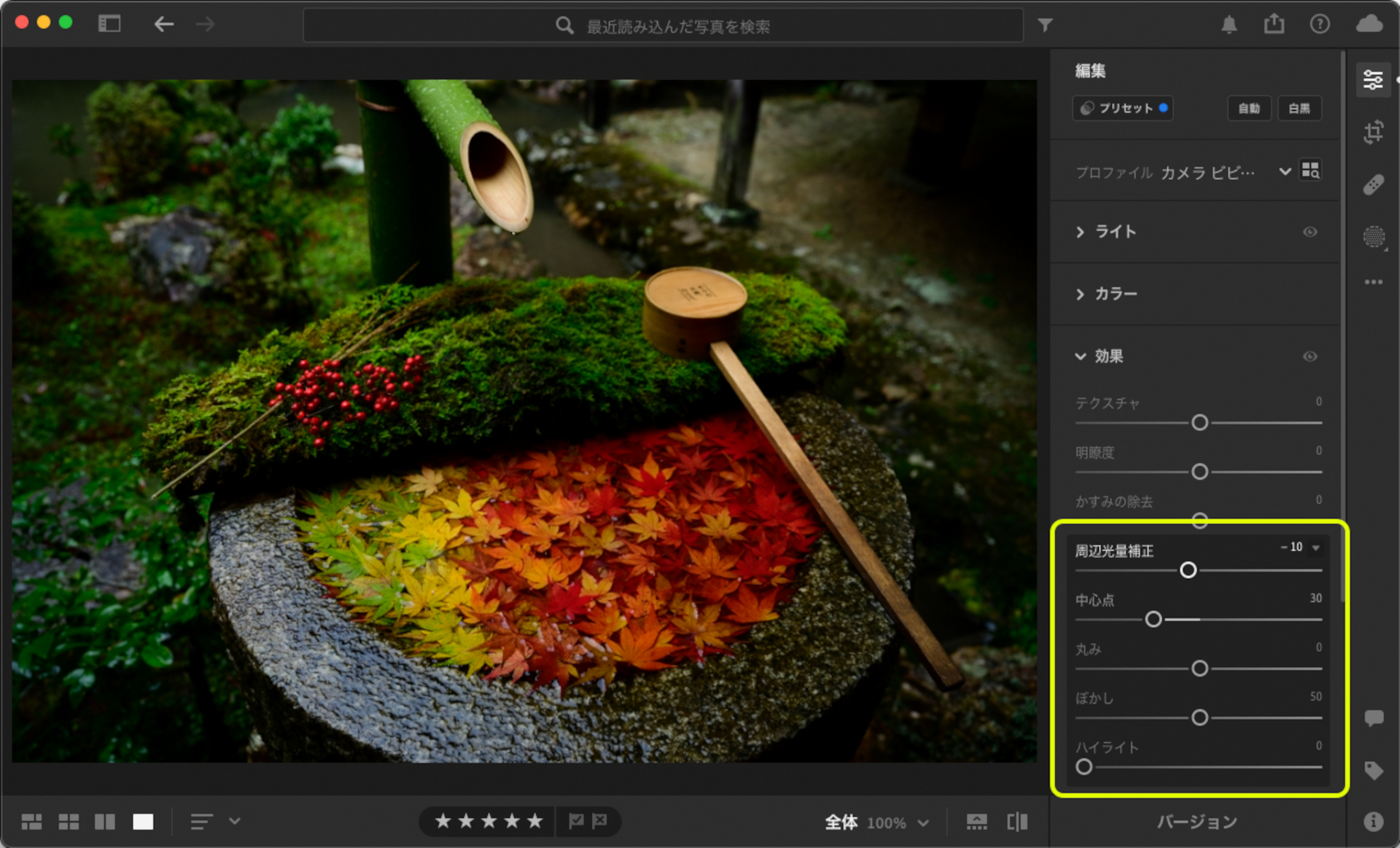 最後に「効果」パネルの「周辺光量補正」を使って写真の周辺部を少しだけ暗くした。こうすると暗い周辺部よりも明るい中心部に視線が向き、そこにある散り紅葉を引き立たせることができる
