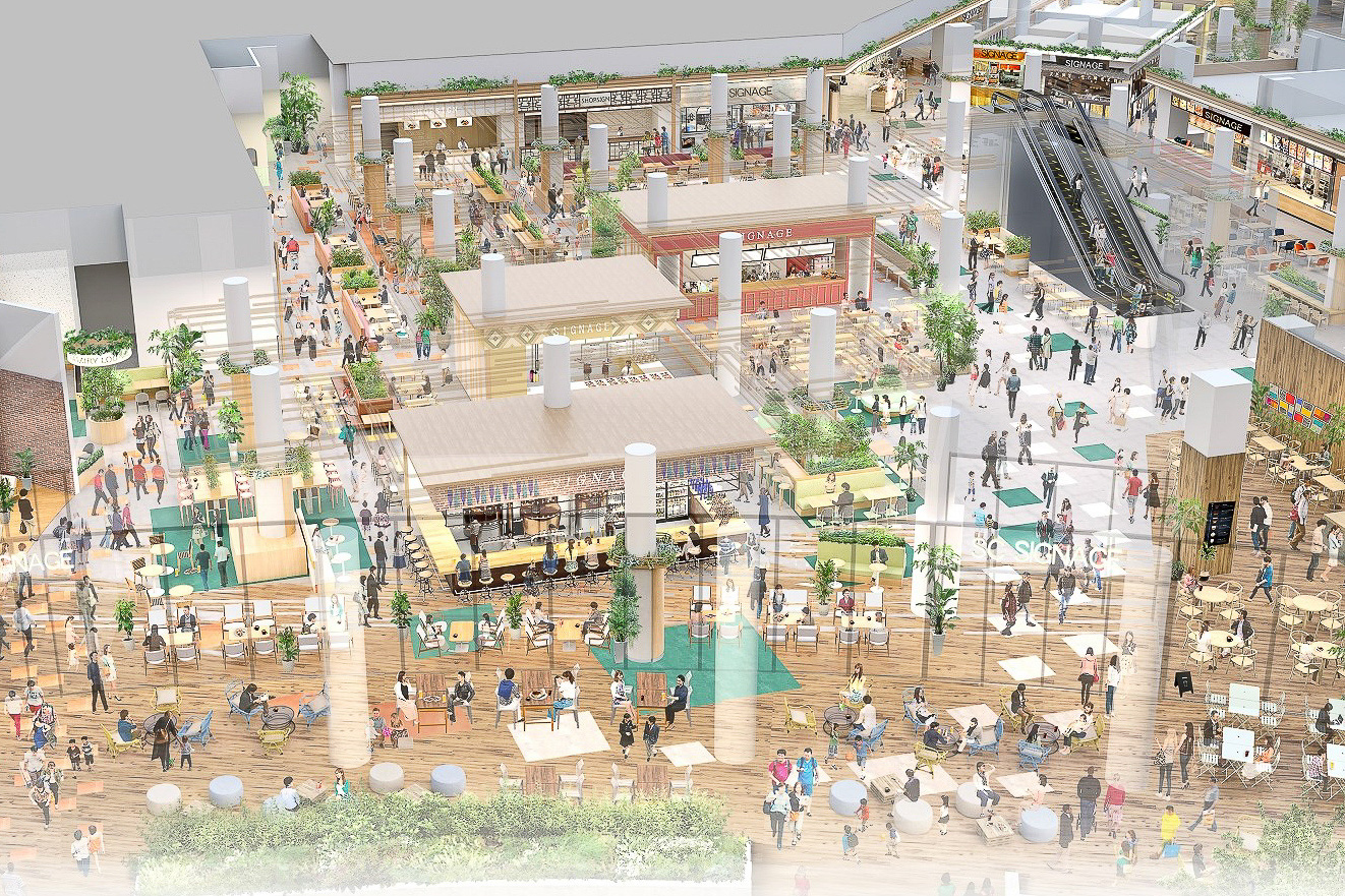 1階西南側フードコートのイメージ。緑が多く配されている（西武グループ提供）