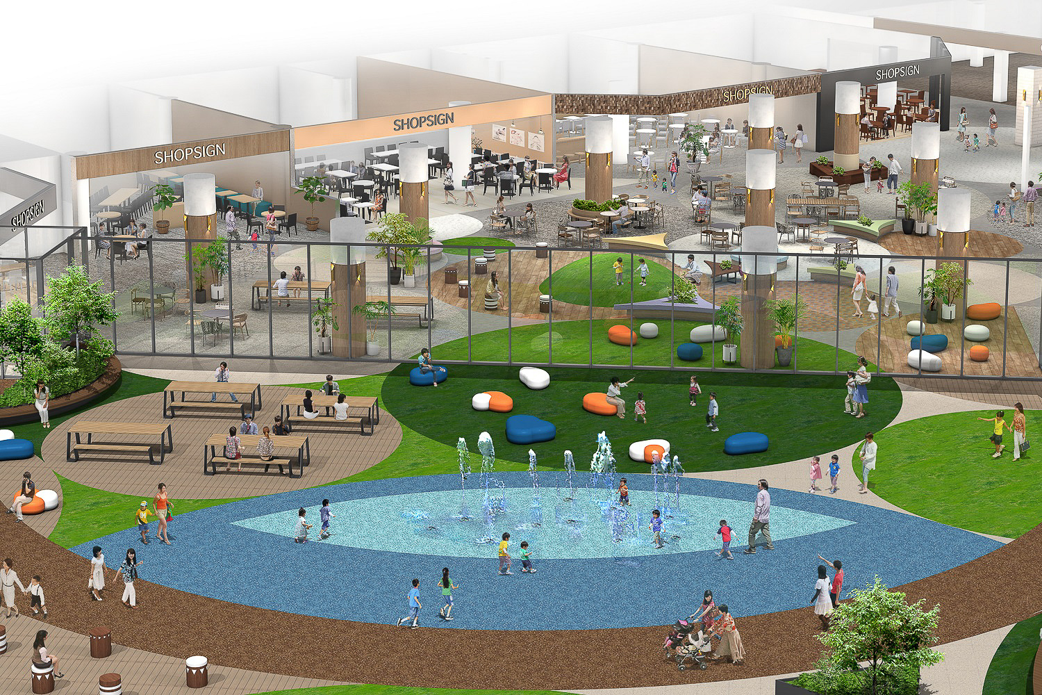 4階屋上庭園のイメージ。子供が遊べる噴水も見え、中と外で一体感ある作り（西武グループ提供）