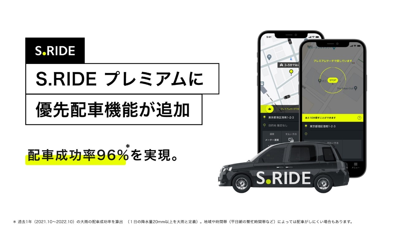 タクシーアプリの「S.RIDE」は悪天候時などタクシーが捕まりにくい際に空きを探し続ける優先配車機能を提供開始した