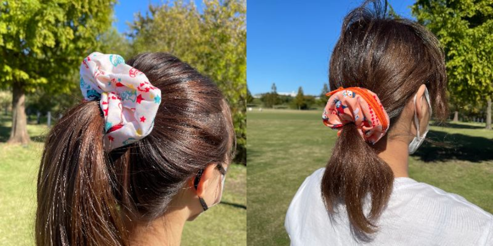 「サンリオキャラクターズ シュシュポーチ」2種。見た目はシュシュなのにポケット付きで、小銭や鍵などを収納できる