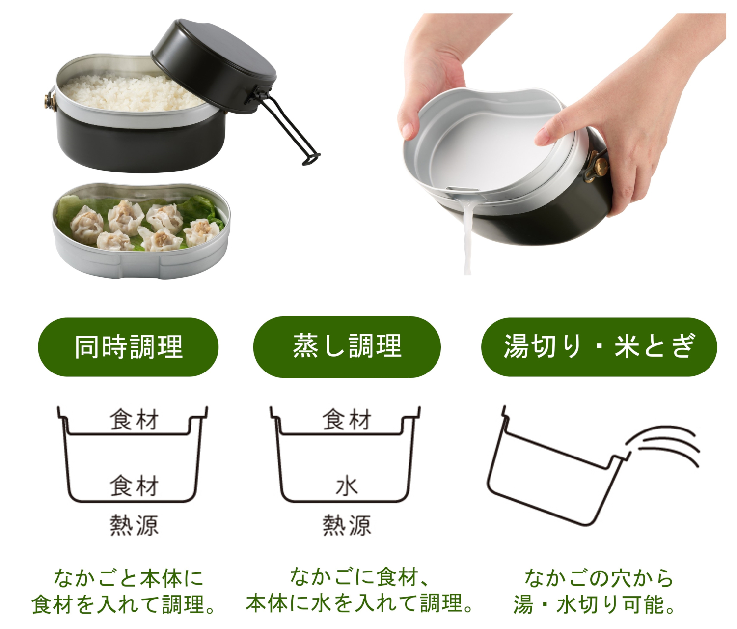 蒸し、湯切り、米とぎ、中子を使って同時調理と、アウトドア料理で幅広く使える