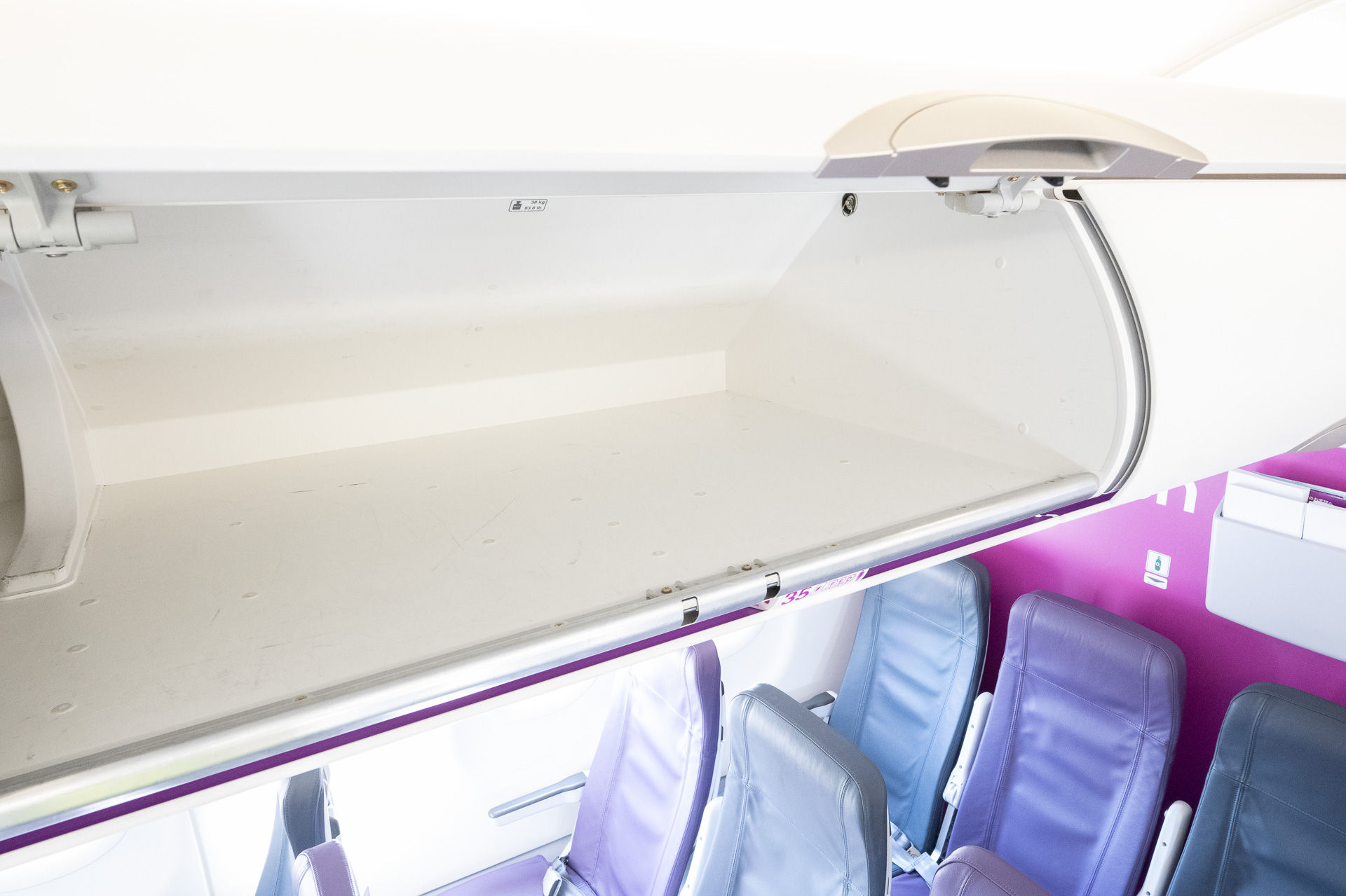 オーバーヘッドビンは上開きタイプ