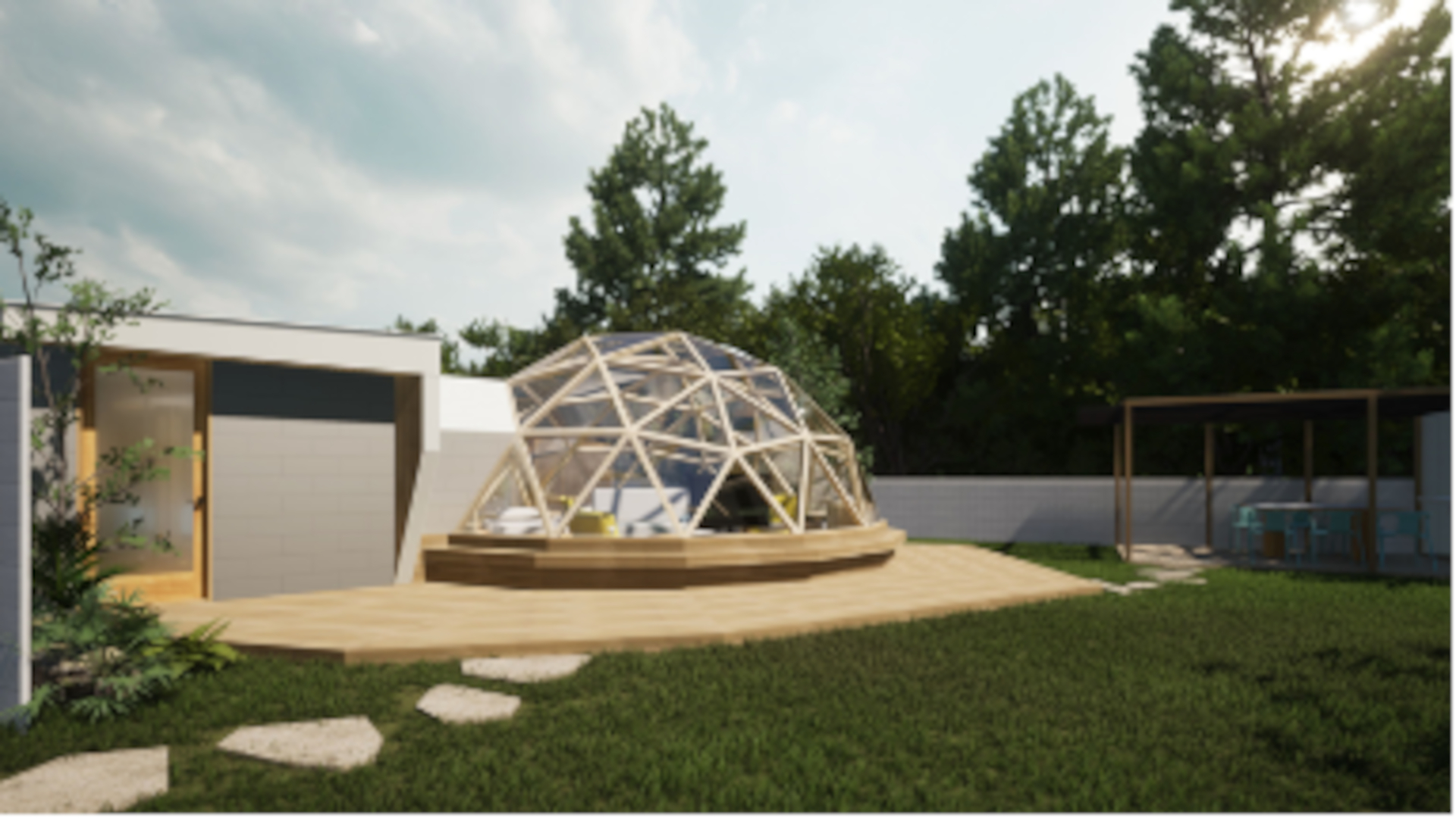 全面ガラス張りのドーム。室内には専用のトイレとシャワーブース、食事スペースが備わり、プライベート空間も確保