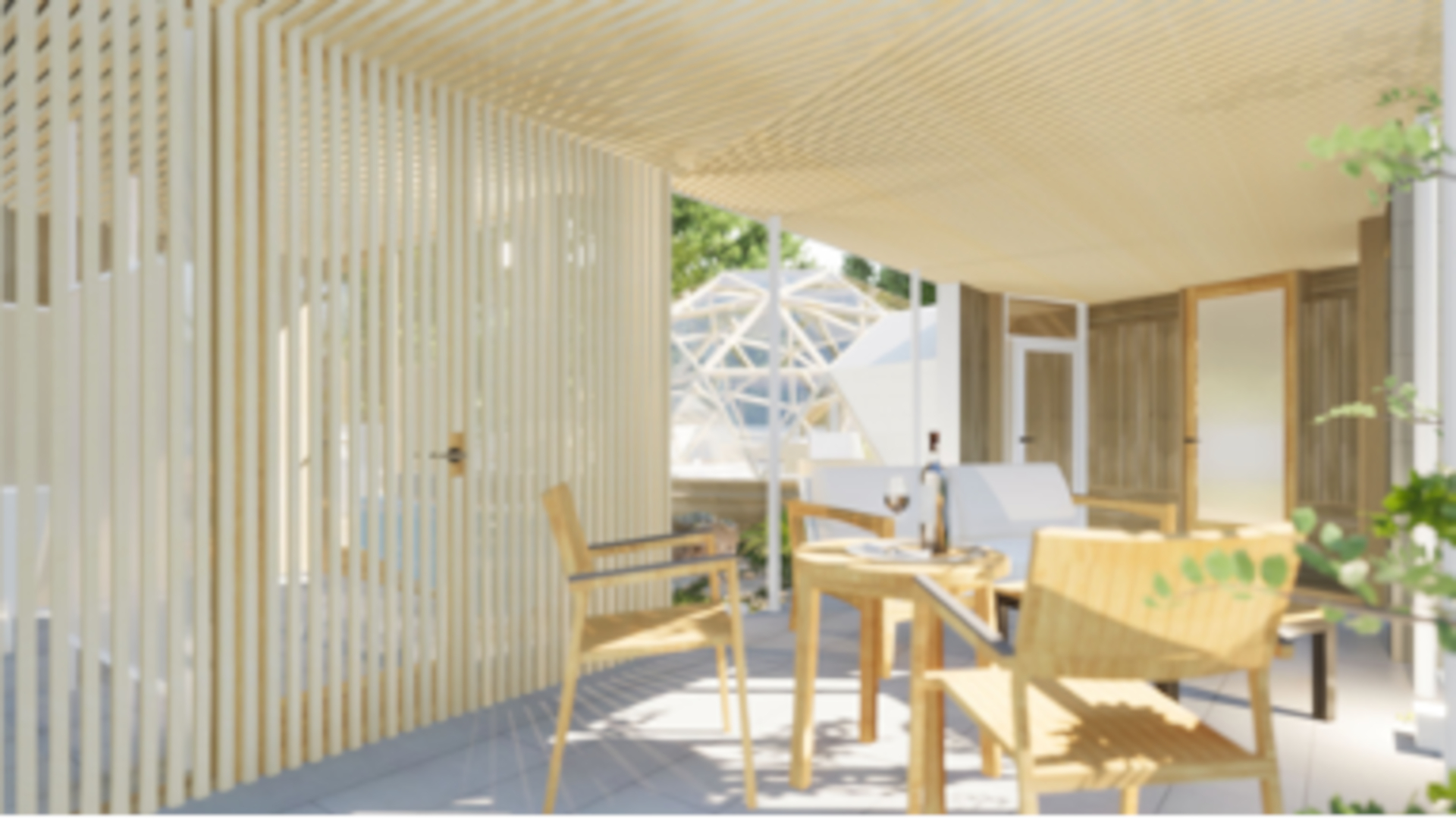 全面ガラス張りのドーム。室内には専用のトイレとシャワーブース、食事スペースが備わり、プライベート空間も確保